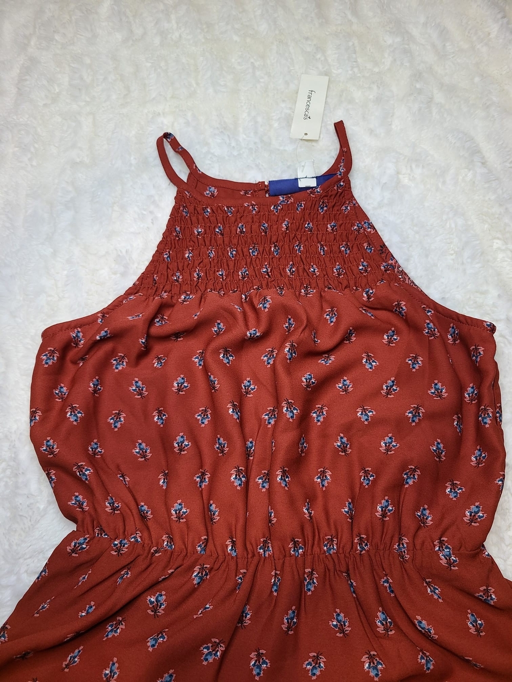 Francescas Blue Rain Dreess Rust Red Halter Sundress with Border Print XS - Picture 6 of 9